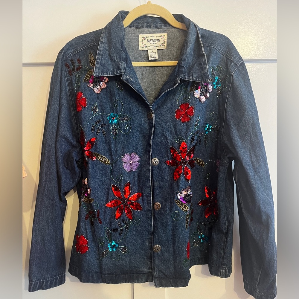 Tantrums beaded / sequin jean jacket with different floral designs!